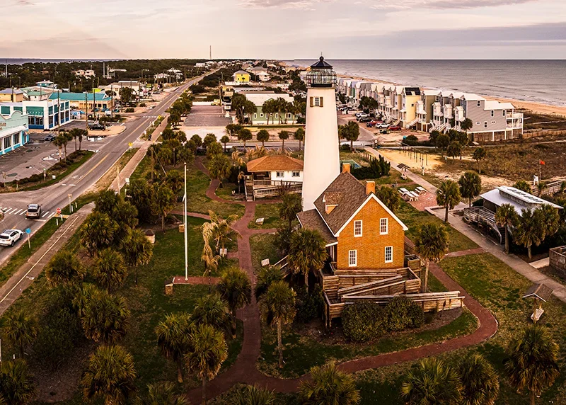 A small coastal town with a historic lighthouse